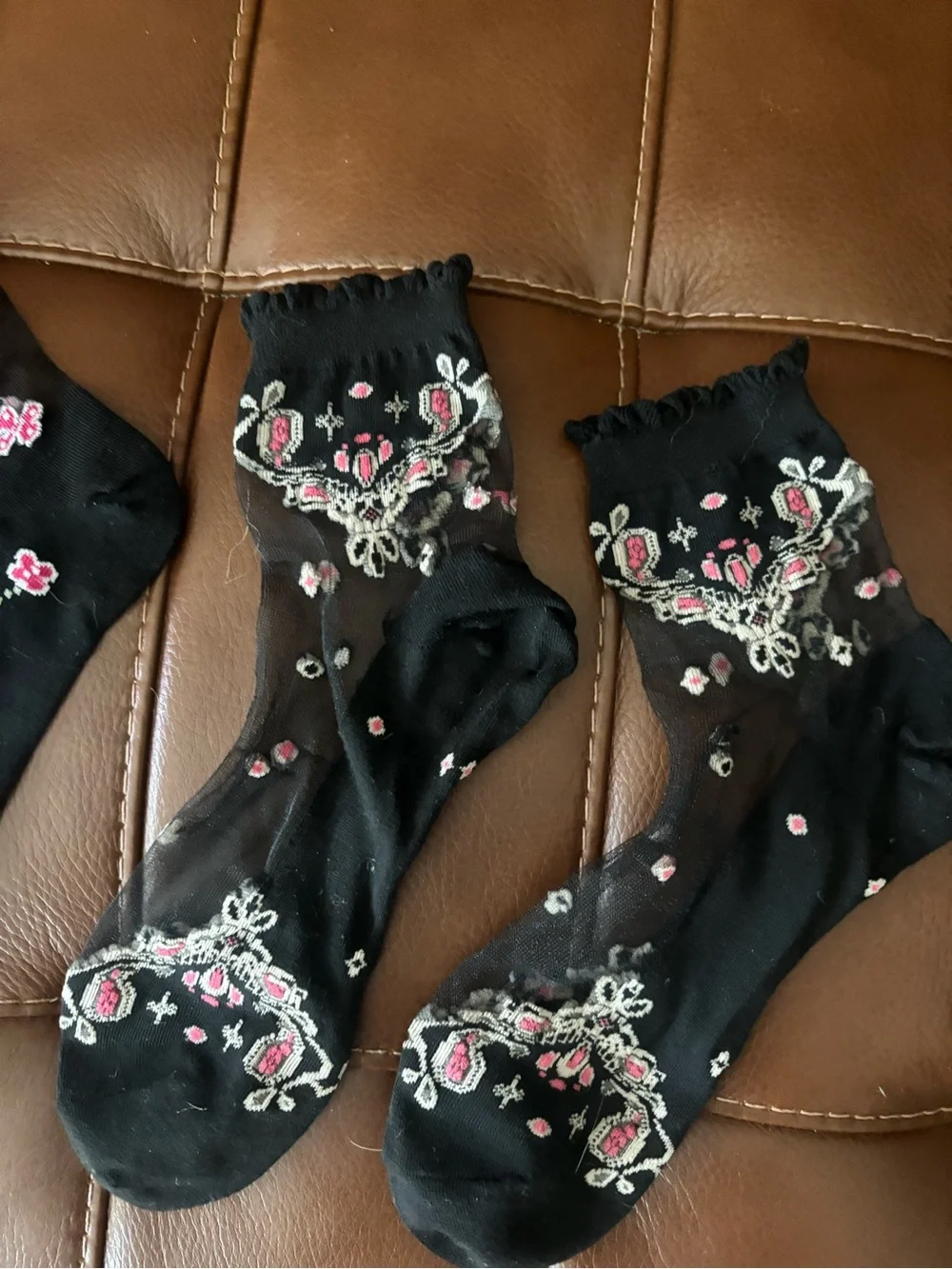 Embroidered Black Sheer Ankle Socks Set - Pink & Blue Floral
